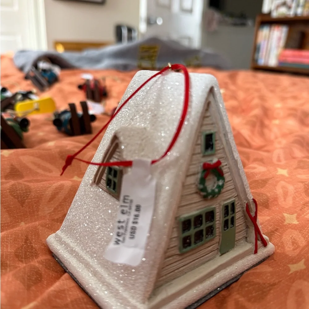 NWT - West Elm Charming Holiday House Ornament - White and Green